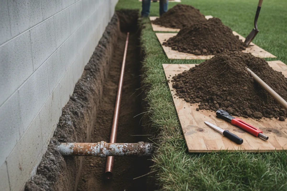 Excavated water line trench during Water Heater Repair in Camden Wyoming